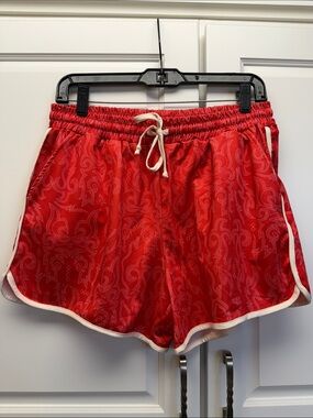 Red Boot Stitch Athletic Drawstring Shorts with White Trim